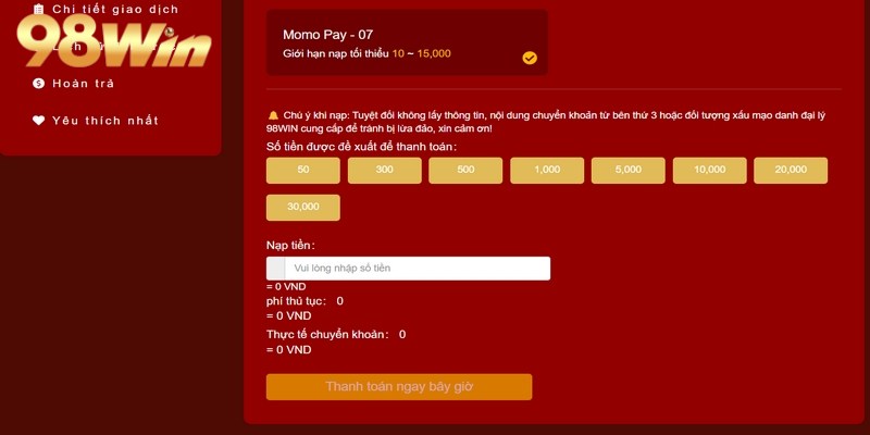 Giao dịch nạp tiền 98win giúp thành viên có đủ vốn tham gia game giải trí