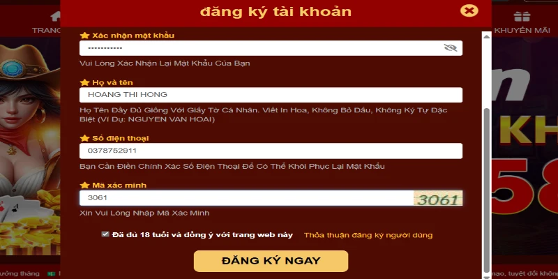 Khi đăng ký 98win thành viên cần cung cấp thông tin chuẩn theo yêu cầu