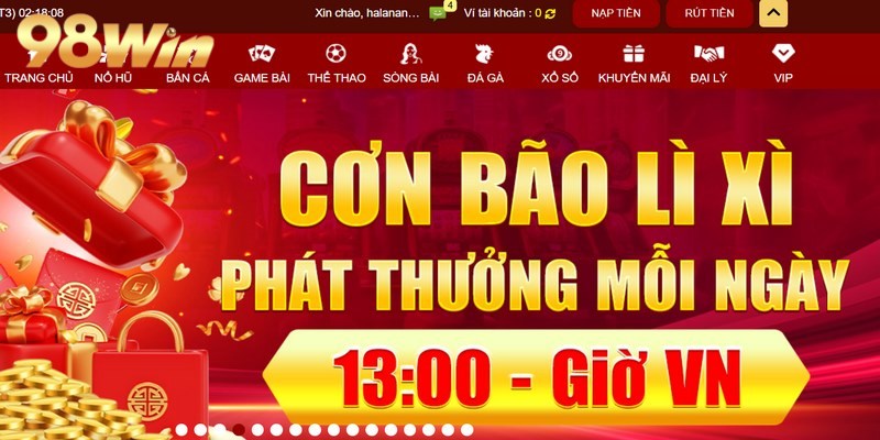 Sự kiện hấp dẫn hội viên tại 98win là cơn bão lì xì vào lúc 13:00 mỗi ngày