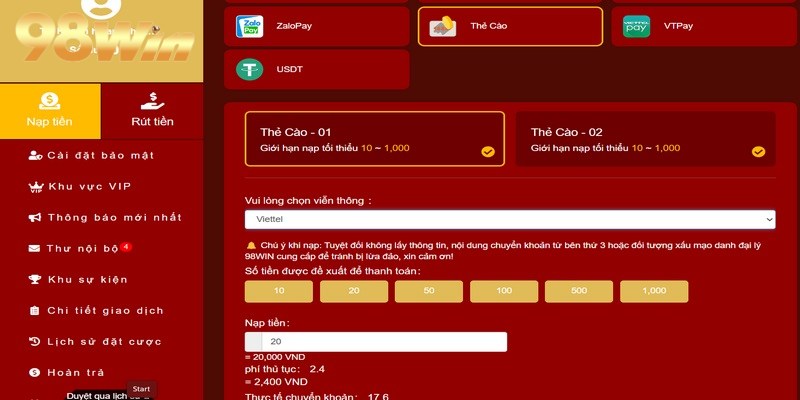 Thành viên hoàn toàn có thể thực hiện nạp tiền 98win với việc sử dụng thẻ cào