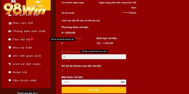 Thông tin không chính xác cũng dẫn đến việc rút tiền 98win không hợp lệ